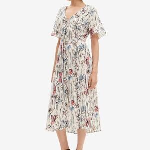 Disigual Artsy Floral Belted Midi Dress Women's Medium White Pink Blue